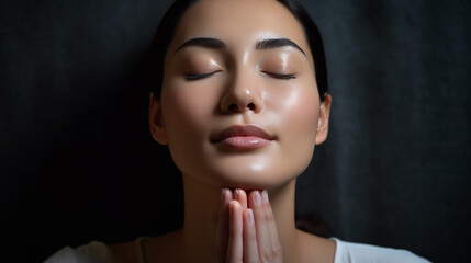 An inspiring shot of a person practicing self-care with a facial massage, advocating for relaxation and stress reduction in a skincare routine. 