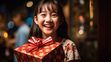 Fototapeta na wymiar A beaming teenager holding a gift box, excitement evident in her eyes as she anticipates the surprise inside. 