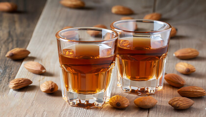 Italian liqueur Amaretto in cups with almonds on a wooden table, selective focus