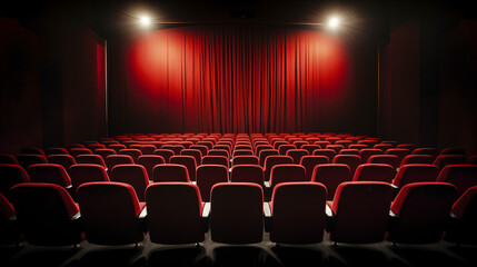 Fototapeta premium A theater with red chair seats - Generative AI