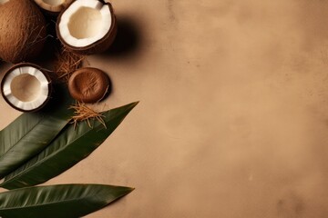 Fototapeta na wymiar Coconuts with palm leaves on a tan background. unusual fruits. Generative AI