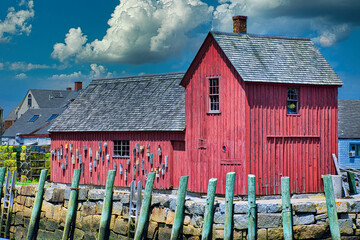 Historical red coastal fishing shack a tourist attraction in Rockport Massachusetts