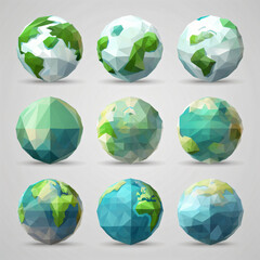 set of earth globe 3d isolated on light background stylized, low poly art, freen treess background white - Generative AI