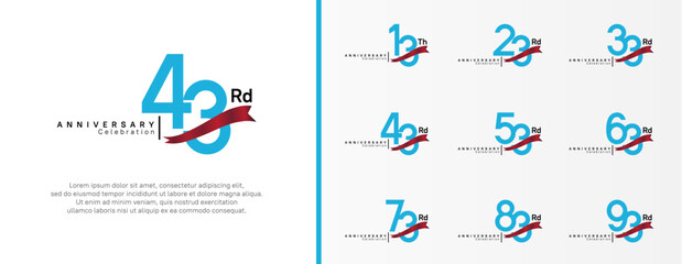 set of anniversary logo flat blue color number and red ribbon on white background for celebration