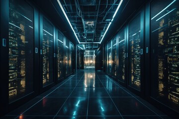 Dark huge data server room with dazzling blue equipment. Generative AI