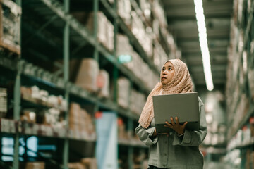 Portrait of Asian muslim female headscarf hijab holding computer laptop checklist product shelves warehouse. woman worker inspecting goods industry. Logistic concept.