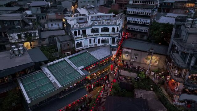 Tourists On The Famous Jiufen Night Street, Taiwan, Evening Aerial View
