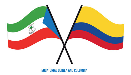 Equatorial Guinea and Colombia Flags Crossed And Waving Flat Style. Official Proportion.
