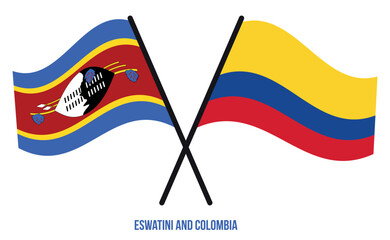 Eswatini and Colombia Flags Crossed And Waving Flat Style. Official Proportion. Correct Colors.