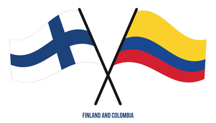 Finland and Colombia Flags Crossed And Waving Flat Style. Official Proportion. Correct Colors.