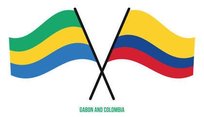 Gabon and Colombia Flags Crossed And Waving Flat Style. Official Proportion. Correct Colors.
