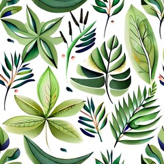 Watercolor Leaves Branch Seamless Pattern On White Background