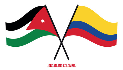 Jordan and Colombia Flags Crossed And Waving Flat Style. Official Proportion. Correct Colors.