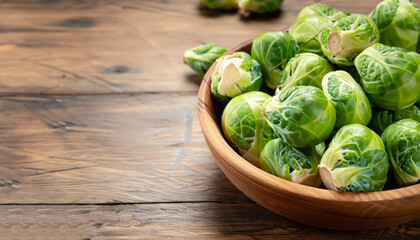 Green raw Brussels sprouts in a wooden bowl on a rustic wooden table, selective focus
