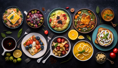 Healthy food clean eating selection: fruit, vegetable, seeds, superfood, cereal, leaf vegetable on gray concrete background generative ai