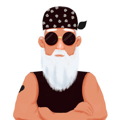  old man with beard and glasses and tattoo