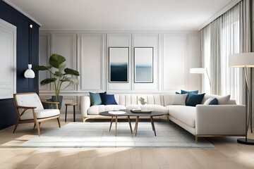 Fototapeta premium White living room with sofa. Scandinavian interior design 3D illustration