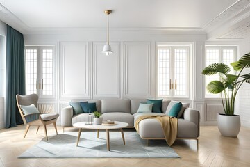 Naklejka na ściany i meble White living room with sofa. Scandinavian interior design 3D illustration. Modern living room