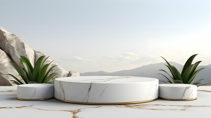 Minimal white marble podium with green plants and stones