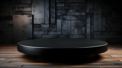 Black round metal table against the black wall.