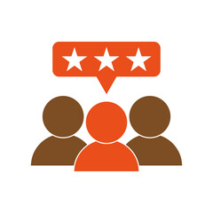 People with stars in chat bubble colored icon. Positive feedback symbol icon. Client satisfaction, happy customers icon. Vector illustration. Eps 10.