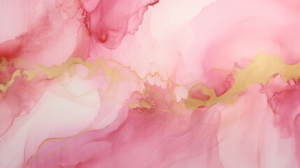 Pink texture watercolor background, abstract paint stain with gold details
