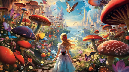 a beautiful girl in the surreal world of wonders. Giant mushrooms and vibrant colors