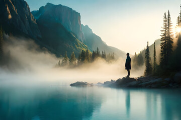 Fantasy alien world, abstract landscape, rays of light, gloomy clouds, neon, flashes of light. 3D illustration