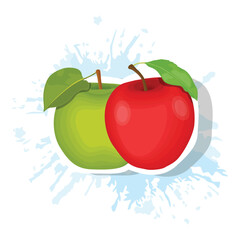 Vector illustration of isolated colored green and reed apple sticker on white background. Healthy food vegetarian fruit in cartoon style. Apple collection elements for design or infographic.