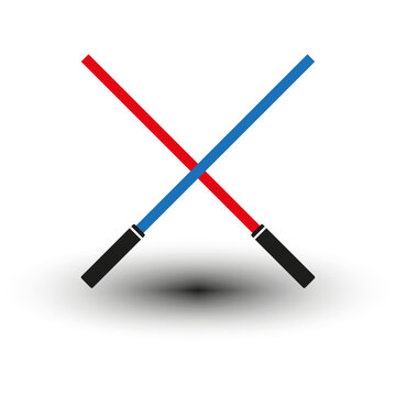 Light swords icon. Blue and red crossing lasers. Two light swords. Two crossed light swords fight. Vector illustration. Eps 10.