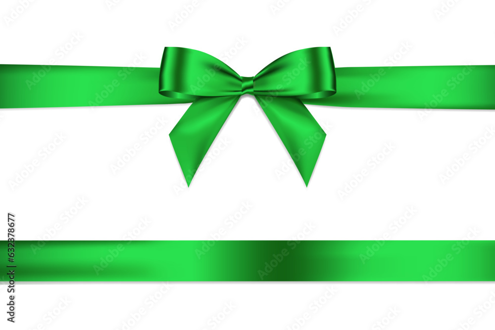 Poster green horizontal ribbon and bow realistic shiny satin with shadow for decorate your christmas card o