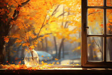 Autumn Bliss: Selective Focus on 3D Render of Digital Art Painting Outside the Window
