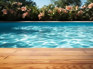 Fototapeta premium Wooden deck table top on swimming pool background, summer vacation concept