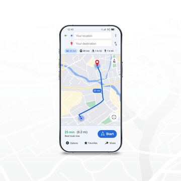 GPS Mobile Map navigation application UX UI concept design , Realistic Smartphone with GPS route map location destination and red pinpoint on screen , City street, navigation maps , Vector EPS10 