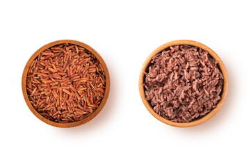 Top view of Red rice in wooden bowl on white background.