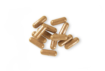 Top view of Capsule pills on white background