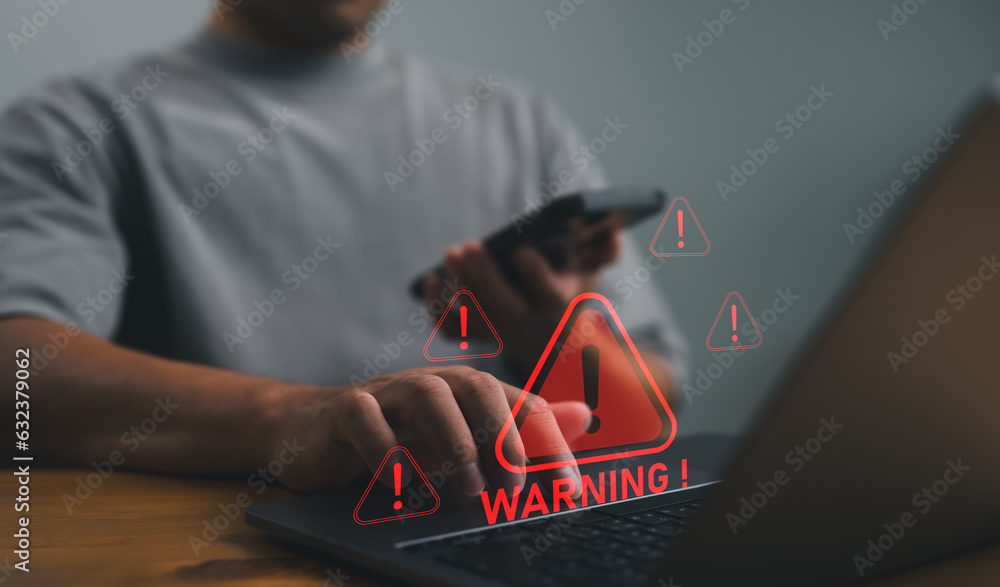 Poster System warning hacked alert, cyberattack on computer network. Cybersecurity vulnerability, data breach, illegal connection, compromised information concept. Malicious software, virus and cybercrime.