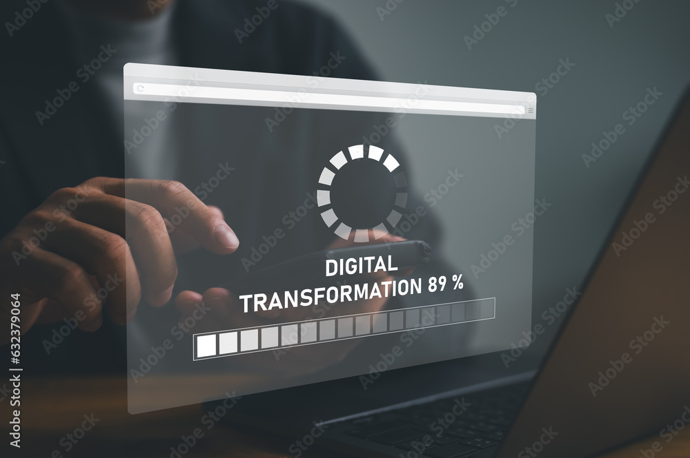 Poster Digital transformation change management, internet of things. New technology big data and business process strategy, automate operation, digitalization technology concept with progress bar.