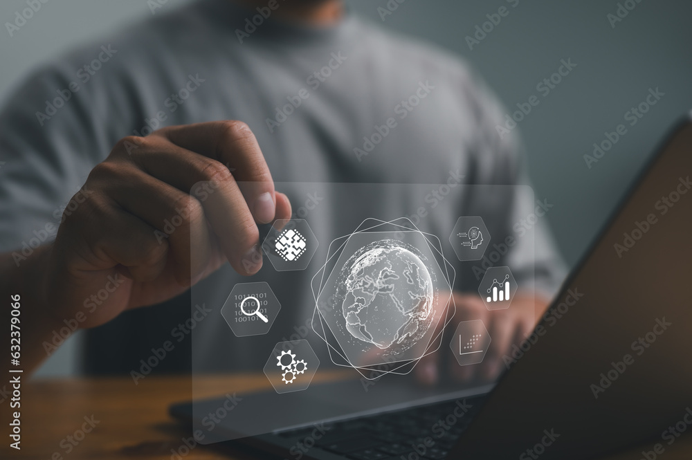 Poster Internet of things, IOT, Big data and analytics visualization technology with scientist analyzing information structure on virtual screen, machine learning to extract predictions for business, finance