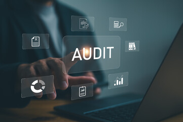 Audit concept with icons, check examine accounting and finance of business company, businessman...