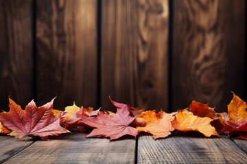 Naklejka na ściany i meble Autumn Leaves on Rustic Thanksgiving Table