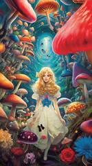 a beautiful girl in the surreal world of wonders. Giant mushrooms and vibrant colors