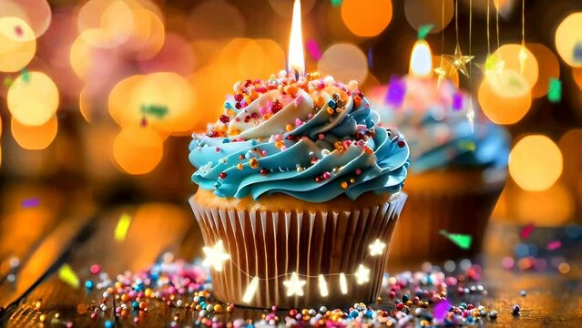Colorful birthday cup cake with candle at the table. Bokeh background. Birthday party. Seamless loop 4k animation