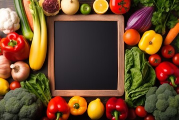 Top view of empty frame amidst fresh vegetables and fruits. generative ai