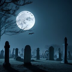 Spooky graveyard illuminated by a full moon on a foggy Halloween night