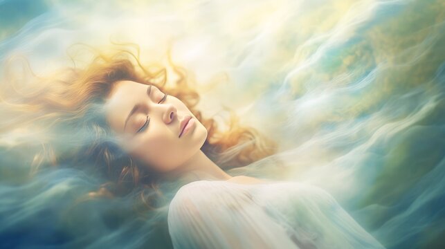 Woman sleeping and dreaming. Psychic girl considers mind and heart, spirituality, esotericism. Psychic waves concept, Generative AI illustration
