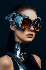 Naklejka premium A beautiful athletic girl with a VR headset and a black latex suit, immersed in virtual reality and using augmented reality technology. 
