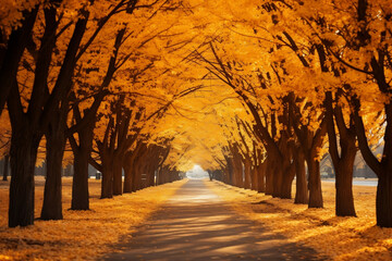 Fall's Colorful Canopy: A Stunning Avenue of Autumn Trees in the Park