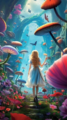 a beautiful girl in the surreal world of wonders. Giant mushrooms and vibrant colors
