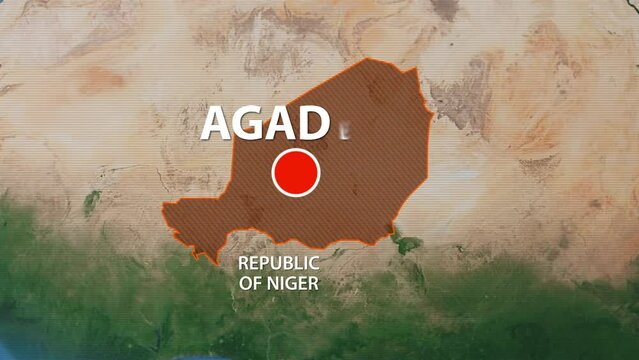 Designation of the borders republic of Niger on the map and the mark of the location of the city of Agadez